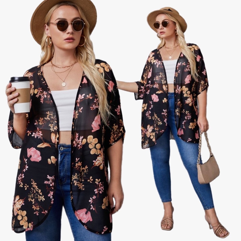 SHEIN Curve Black Floral Kimono Top Plus Sz 2X